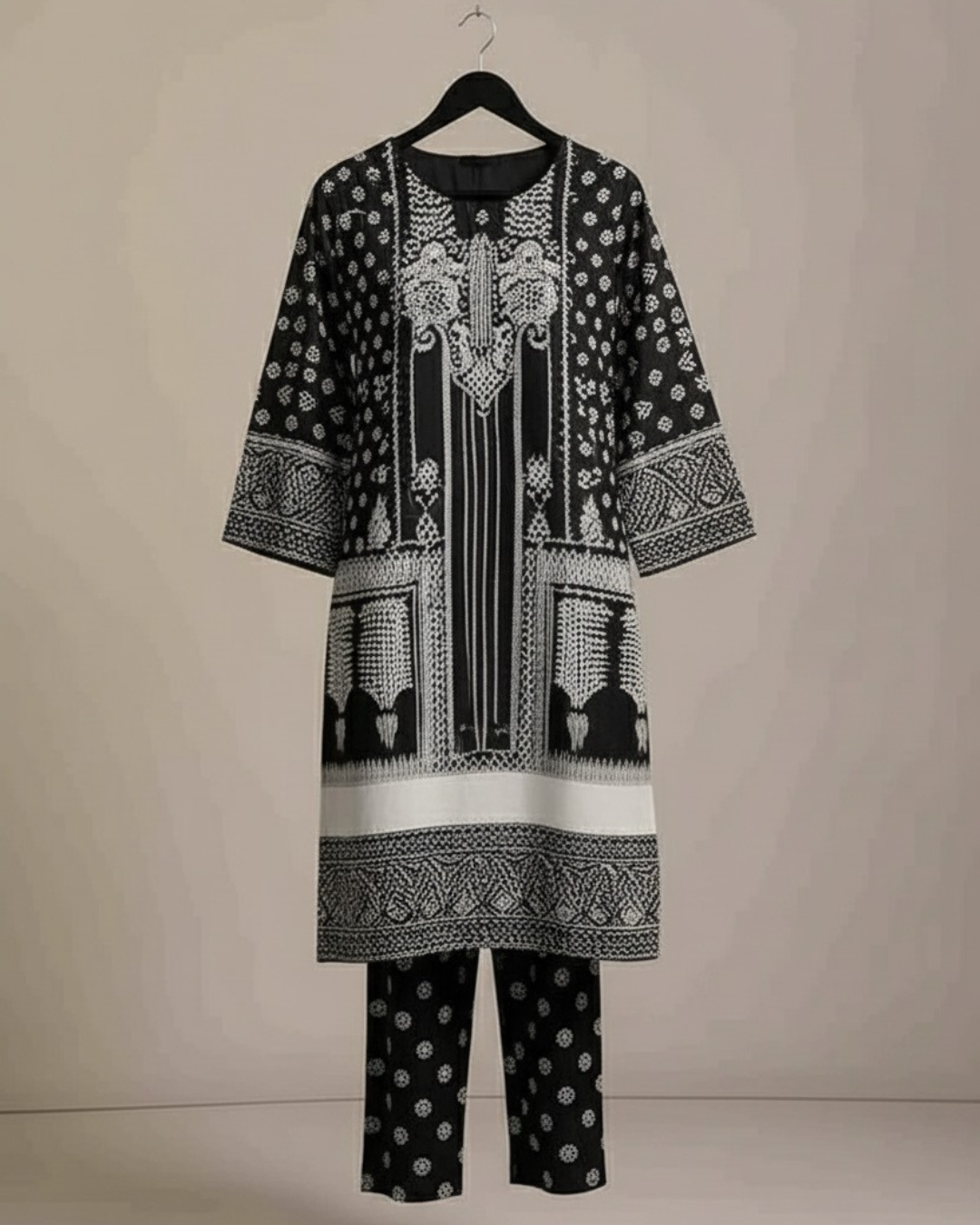 Zaria – 2PC Printed Lawn Suit (Black & White)