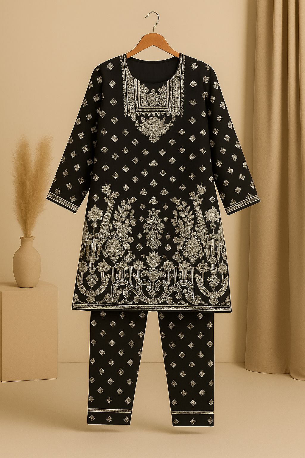 Inaya – Artistic Black & White 2PC Lawn Suit (Stitched)