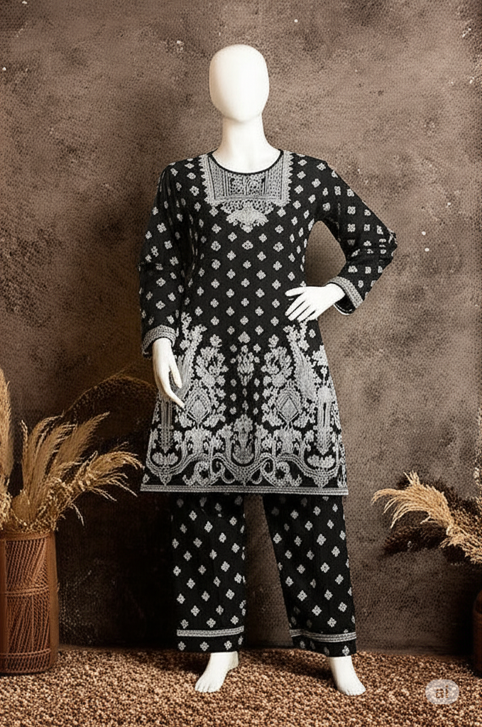 Inaya – Artistic Black & White 2PC Lawn Suit (Stitched)